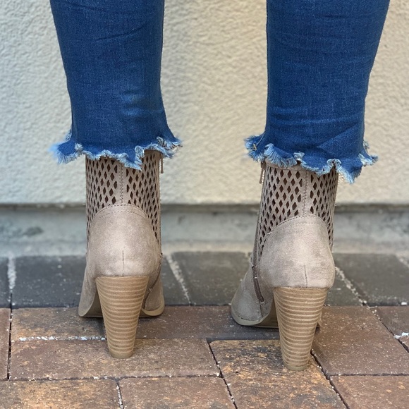 Taupe Peep Toe Perforated Laser Cut Ankle Bootie - Picture 6 of 8